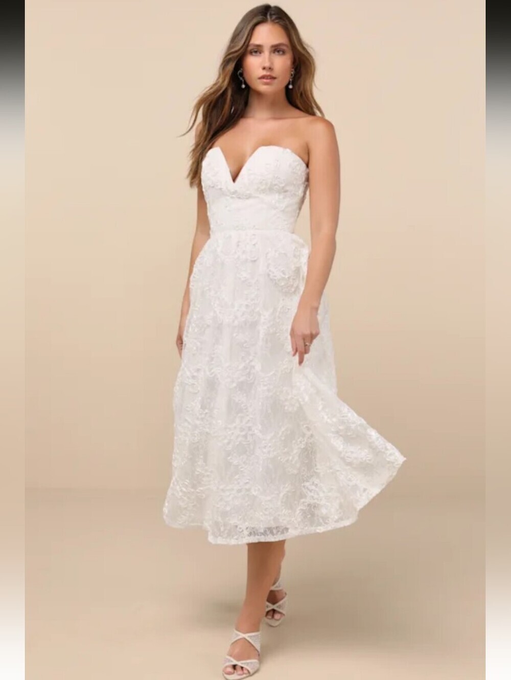 Lulus Galena Ivory Lace Applique Strapless Midi Dress - Size S NWT